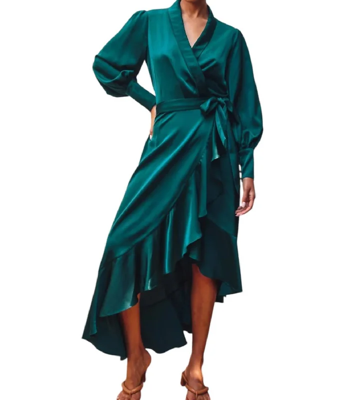 Savings Galore Satin Ruffled Midi Wrap Dress In Emerald Green
