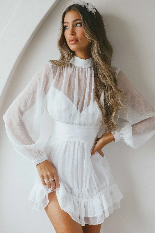 Act Now Mandalay High Neck Long Sleeve Waistband Dress White
