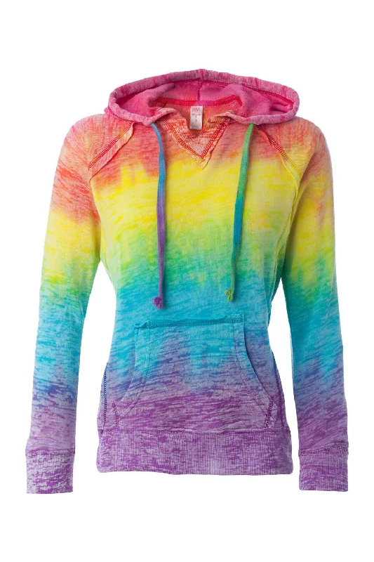 Final Clearance MV Sport Womens Courtney Burnout V-Notch Hooded Sweatshirt Hoodie w/ Pouch Pocket - Rainbow Stripe Final Clearance MV Sport Womens Courtney Burnout V-Notch Hooded Sweatshirt Hoodie w/ Pouch Pocket - Rainbow Stripe