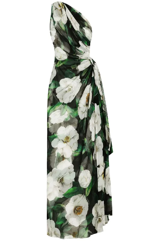 Final Clearance Dolce & Gabbana Women's Long One-Shoulder Floral Silk Dress