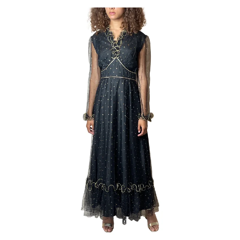 Weekend Deal 1970's Original Vintage Black Lace & Gold Polka Dot Dress UK 12 - 14