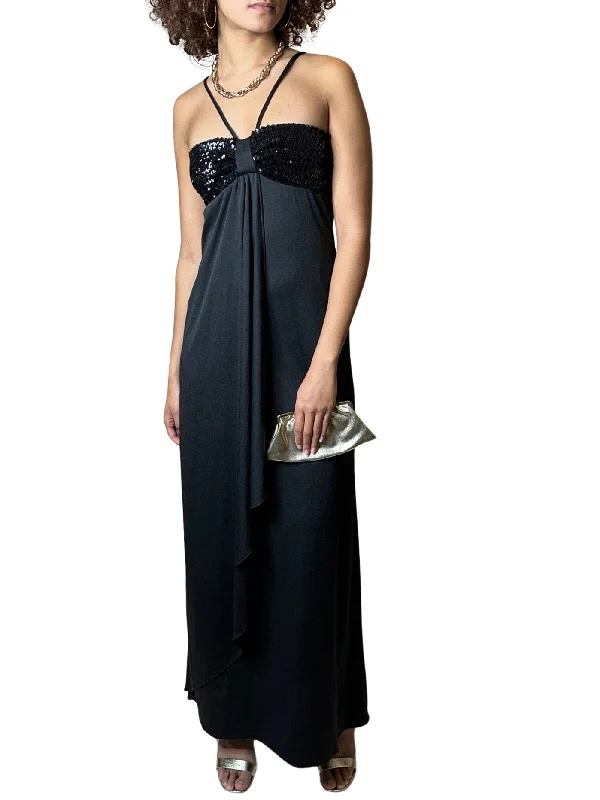 Deal Alert 1970's Original Vintage Black & Sequinned Maxi Dress UK 10 - 12
