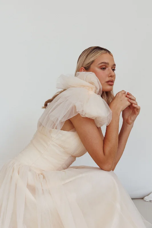 Bargain Bin Let's Elope Bow Shoulder Midi Dress Butter