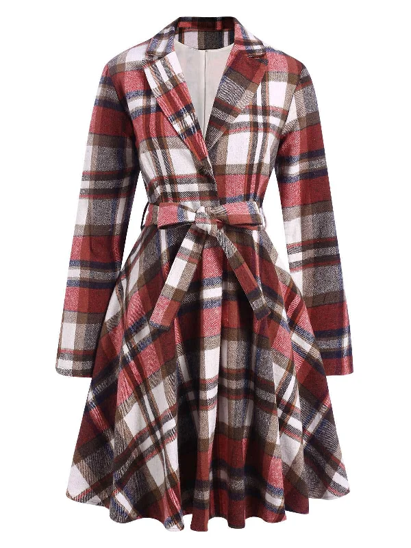 Warehouse Sale Wine Red 1950s Plaid Belted Midi Coat