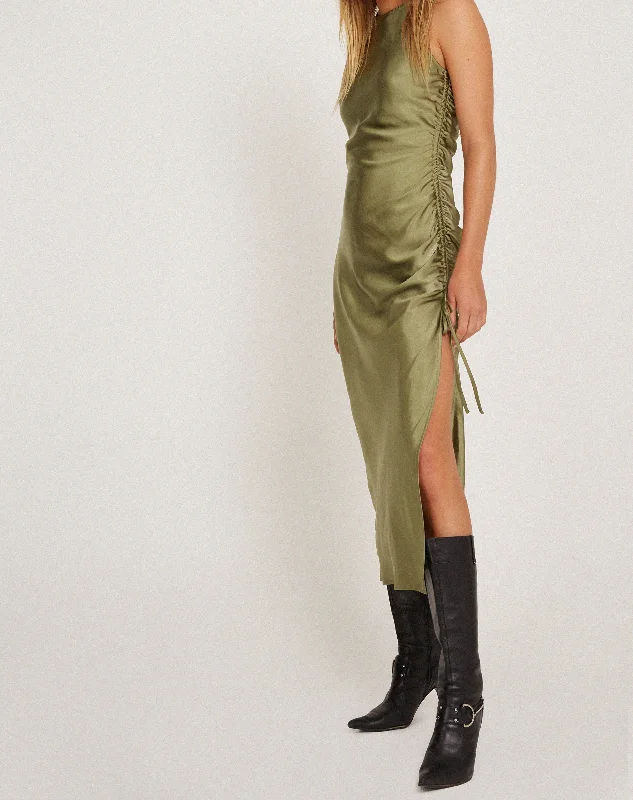 Price Rollback Raybu Ruched Midi Dress in Satin Olive