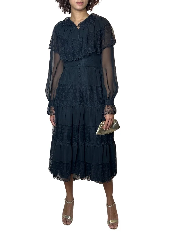 Midnight Sale Original 1970's Vintage Black Sheer & Lace Dress UK 12 - 14