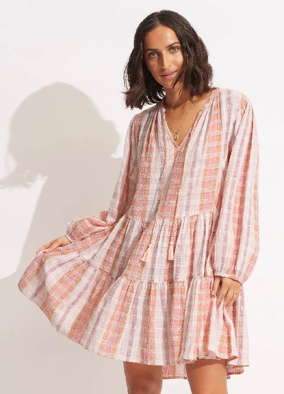 Seasonal Clearance Textured Gingham Tiered Dress  - Lilac