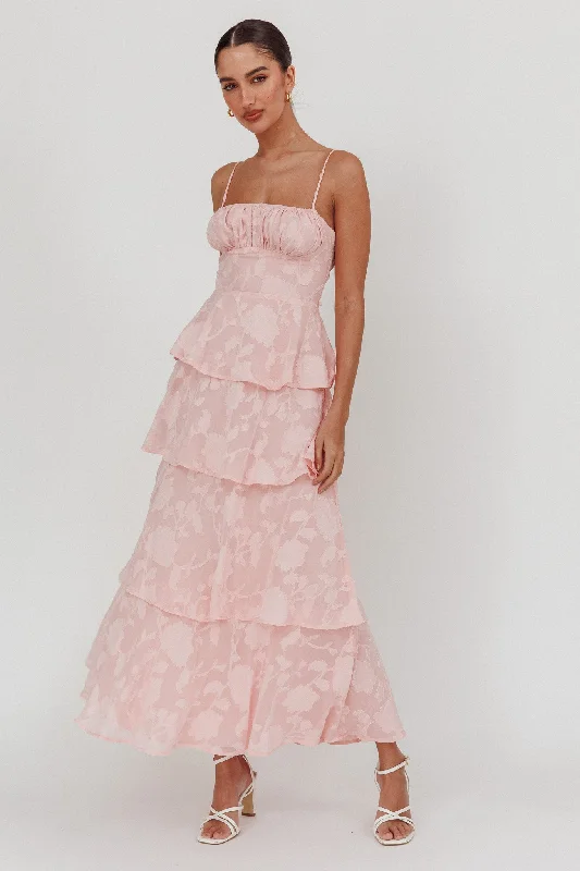 Factory Direct Sale Provence Bloom Tiered Maxi Dress Jacquard Pink