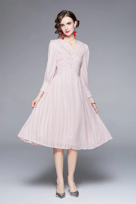Closeout Pink Evening A-line Squareneck Long Sleeve Knee Buttoned Dress