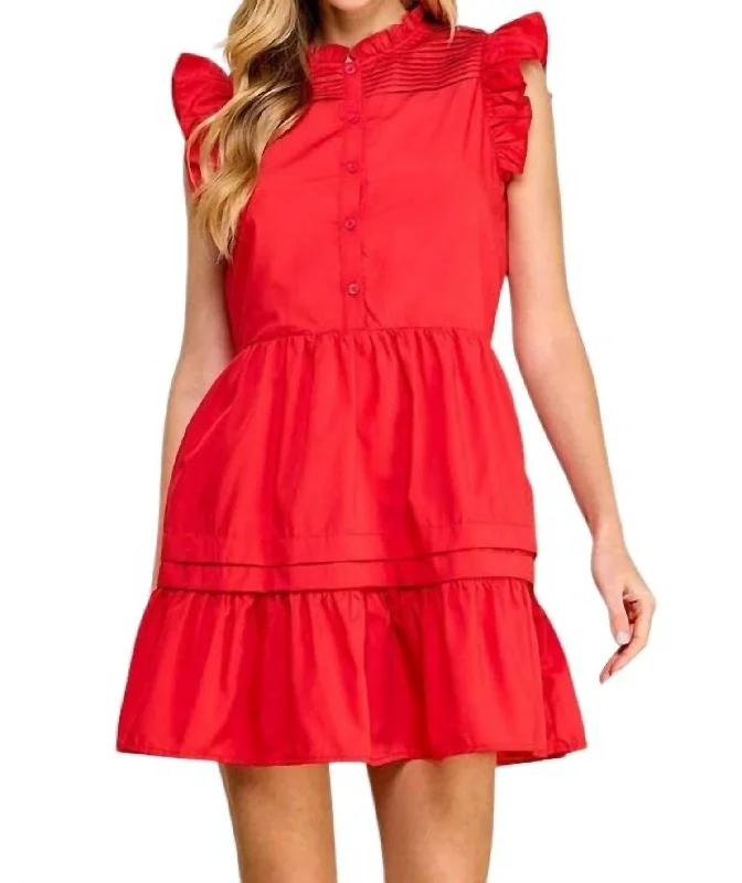 Savings Event Ruffle Neckline Pleated Dress In Red