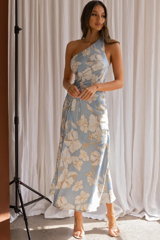 Online Only Casa Del Mar One-Shoulder Ruched Midi Dress Floral Blue