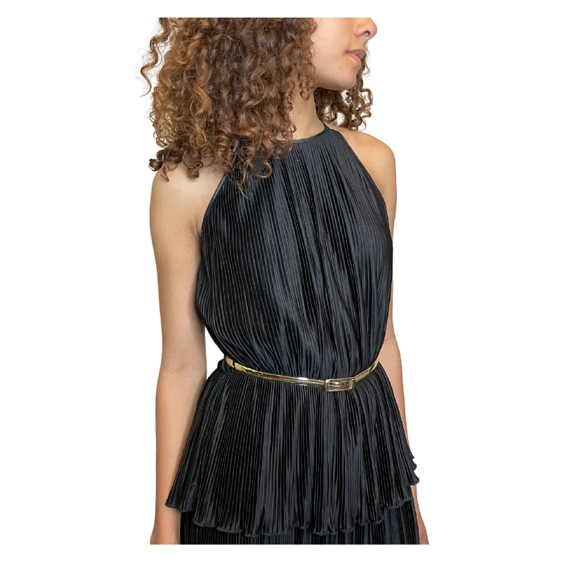 Seasonal Clearance Vintage 1970's Black Thin Pleated & Tiered High Collar Dress UK 10 - 12