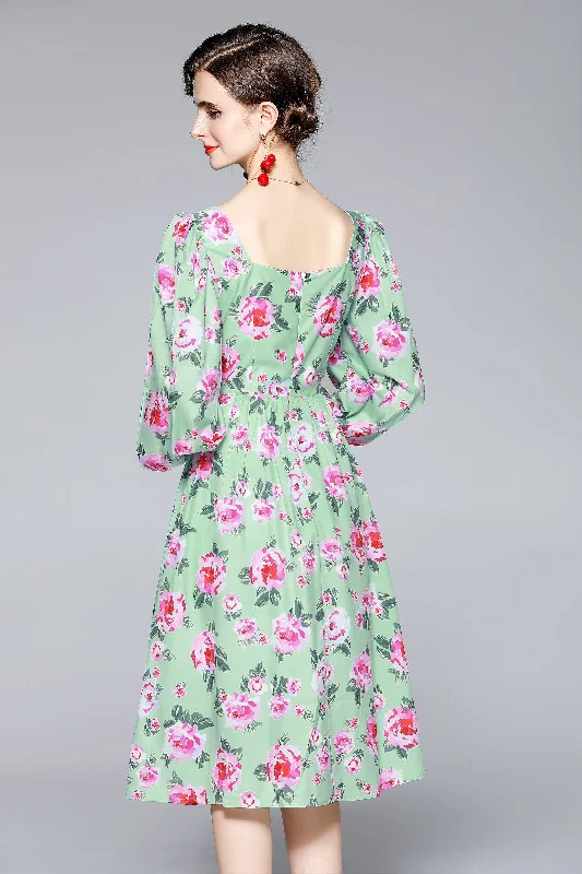 Epic Deals Green & Floral print Day A-line Sweetheart Neck Bishop Long Sleeve Below Knee Dress