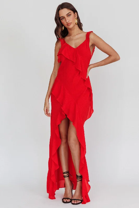 Deal Alert Johannson Ruffle Trim Maxi Dress Red
