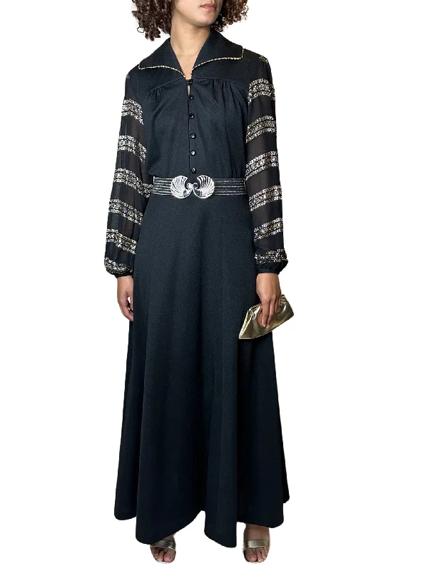 Unbeatable Prices Original 1970's Vintage Black & Gold Maxi Dress With Art Deco Belt UK 12 - 14
