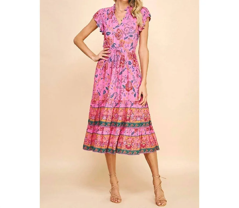 YEAR-End Sale Border Print Tiered Dress In Hot Pink
