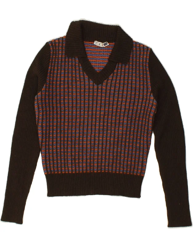 Instant Savings NEW PENNY Womens Crop Polo Neck Jumper Sweater UK 12 Medium Brown Striped