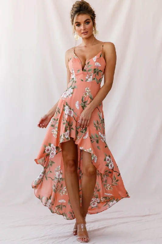 Savings Spectacular Imelda V-Neckline High-Low Hem Dress Peach