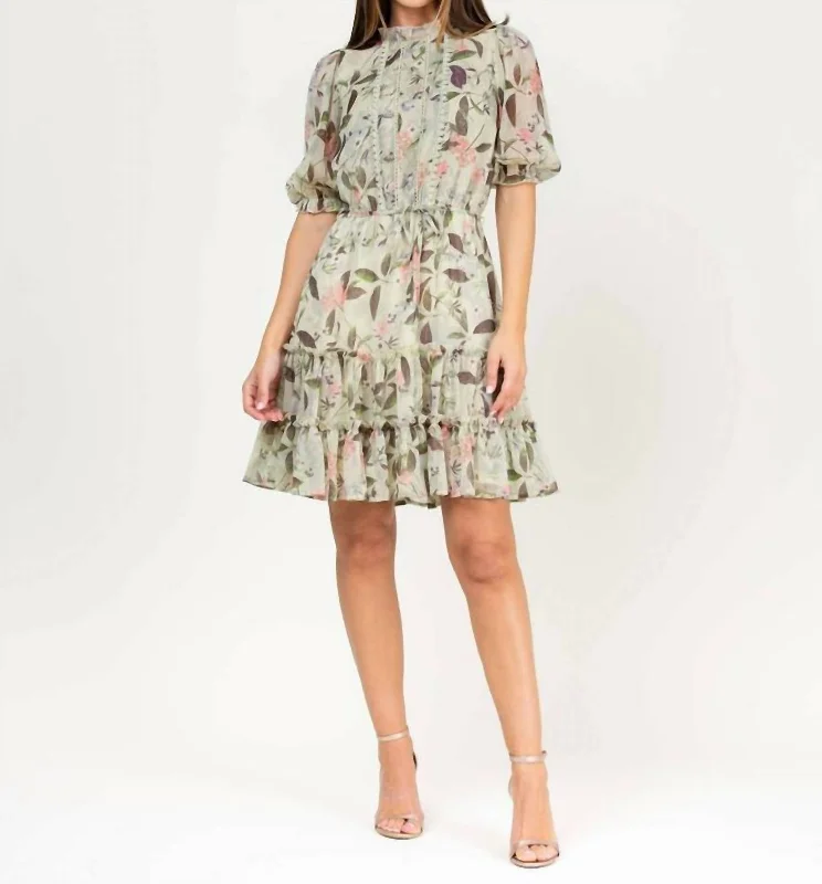 Can't Be Beat Floral Chiffon Print Ruffle Dress In Green