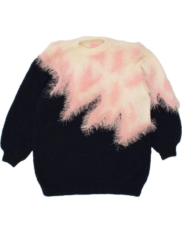 Weekend Deal VINTAGE Womens Crew Neck Jumper Sweater UK 16 Large Navy Blue Colourblock