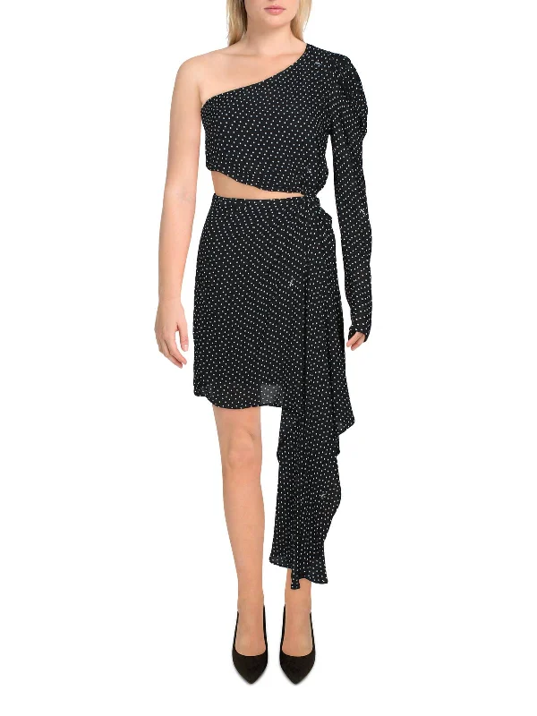 Price Break Womens Polka Dot One Shoulder Cocktail Dress