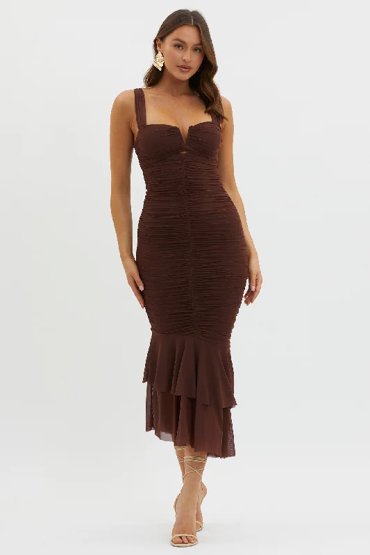Deep Discounts Nadia Ruched Fishtail Maxi Dress Chocolate