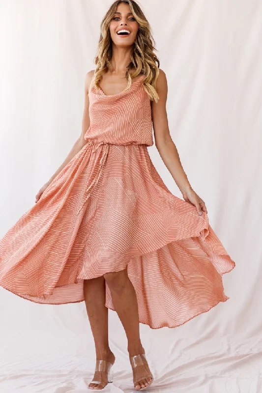 Deal Dash Ava Cowl Neck Drawstring Midi Dress Line Print Nude