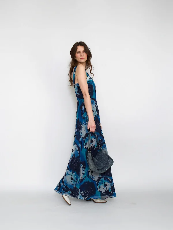 Reduced Prices Vintage maxi dress blue florals shoulder straps by Vera Mont