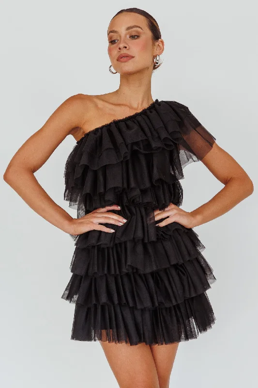 Deep Discounts Tomi Layered Frill One-Shoulder Mini Dress Black