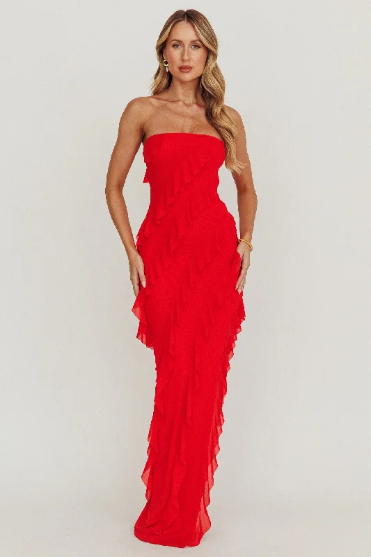 Price Slash Just Friends Strapless Ruffle Maxi Dress Red
