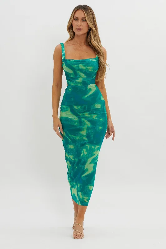 Instant Discount Dream Crush Lace-Up Back Side Split Maxi Dress Swirl Green