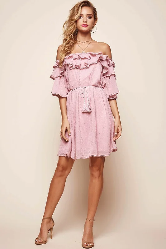 Overstock Sale Springtime Hail Spot Chiffon Off Shoulder Dress Blush