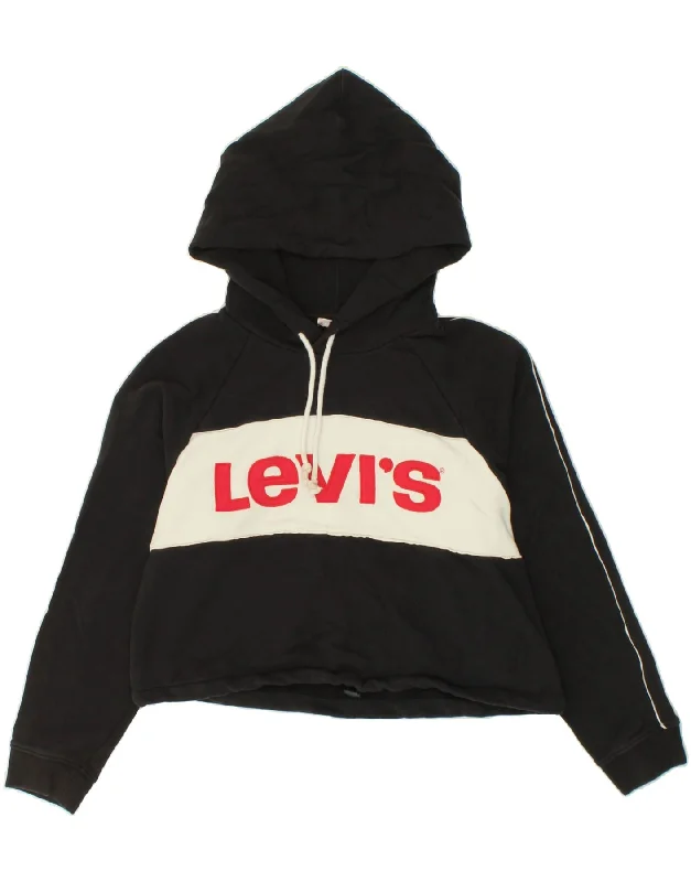 Savings Galore LEVI'S Womens Crop Graphic Hoodie Jumper UK 14 Medium Black Colourblock