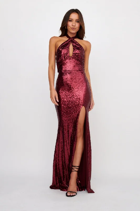 Price Meltdown Rosella Halterneck Sequin Maxi Dress Burgundy