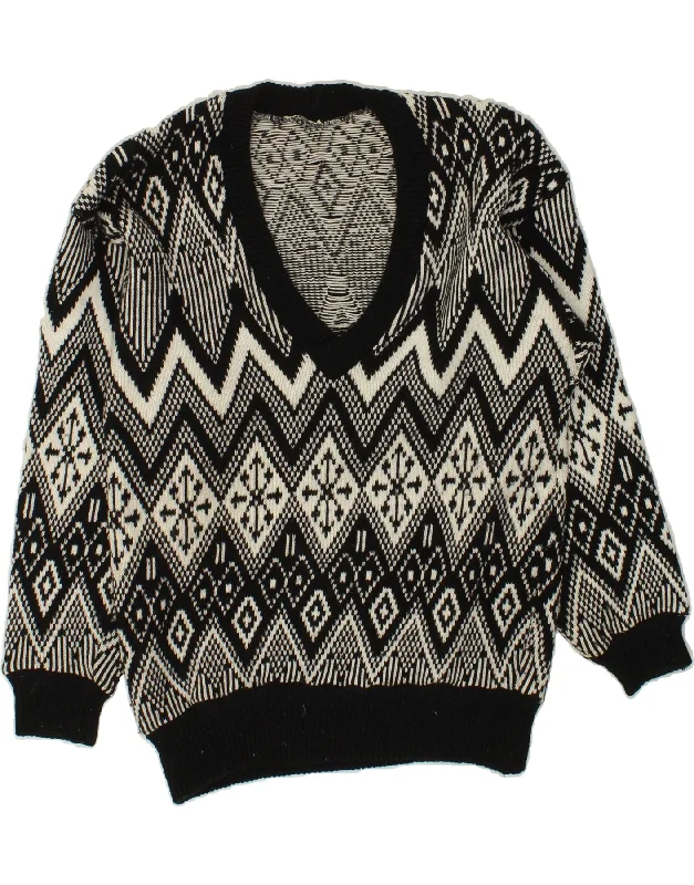 Super Savings VINTAGE Womens V-Neck Jumper Sweater UK 14 Large Black Geometric