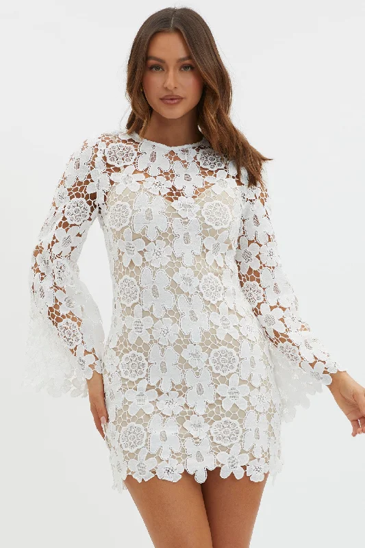 Limited Edition Reinhart Flared Sleeve Crochet Lace Dress White