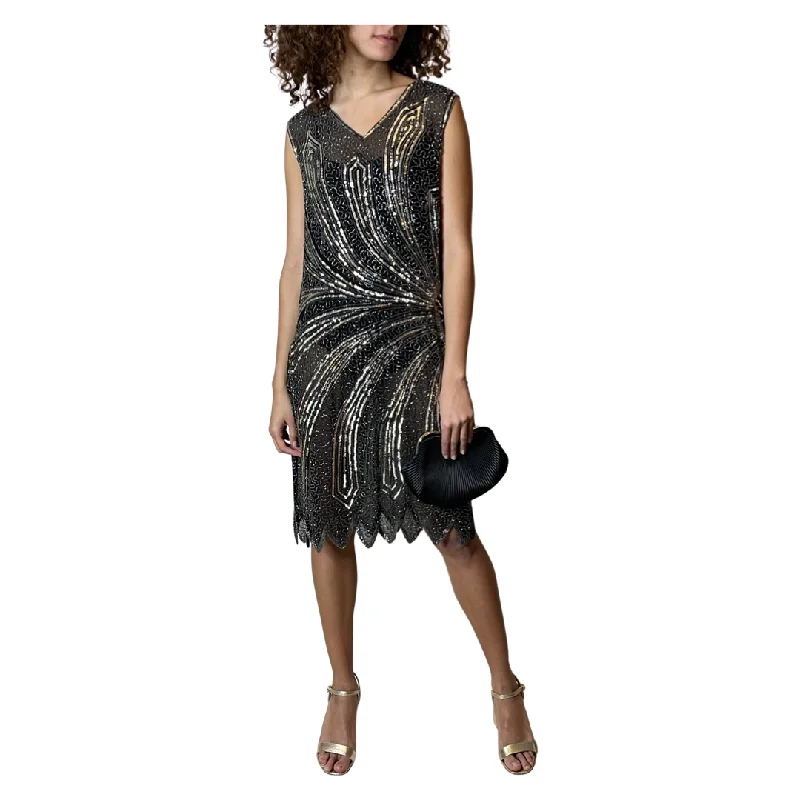 Bonus Savings Peekaboo Hire - Vintage Black & Silver Sequin Flapper Dress UK 10 - 12