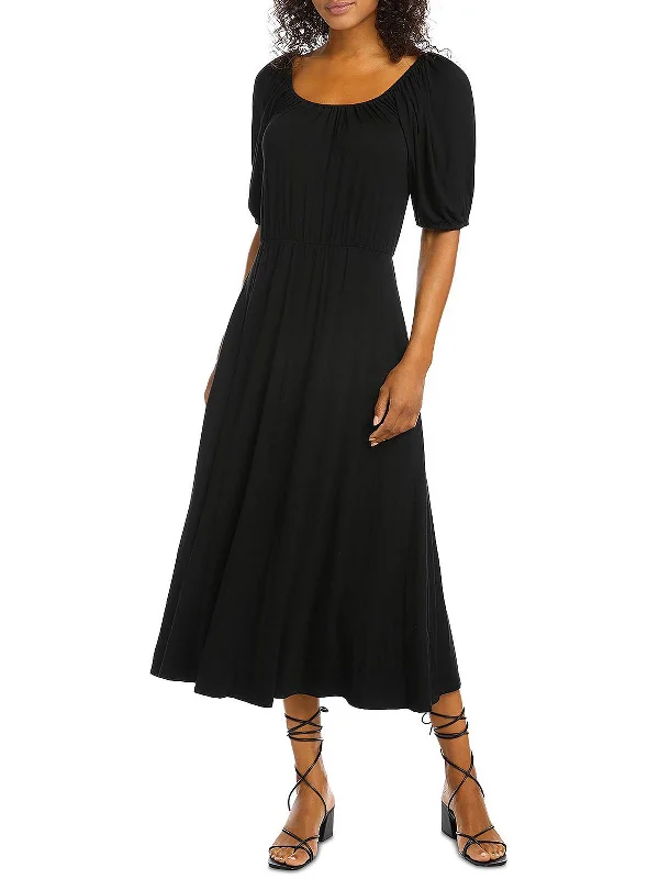 Bonus Savings Peasant Artisan Womens Stretch Tea-Length Fit & Flare Dress