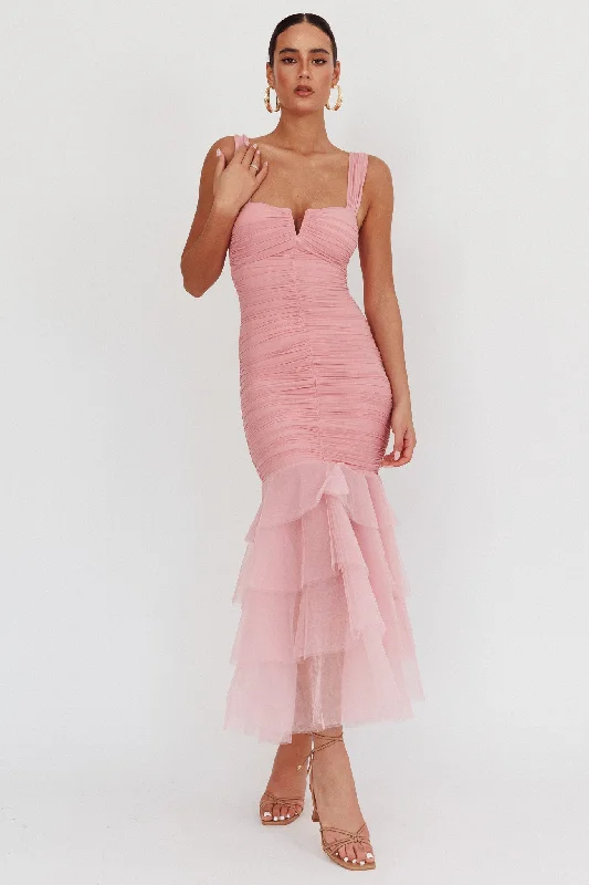 Price Blitz Nadia Tulle Hem Ruched Maxi Dress Pink