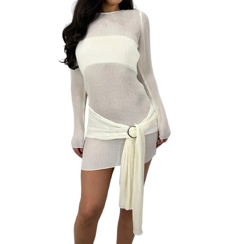 Savings Galore Sheer Plissé Belted Mini Dress In Cream