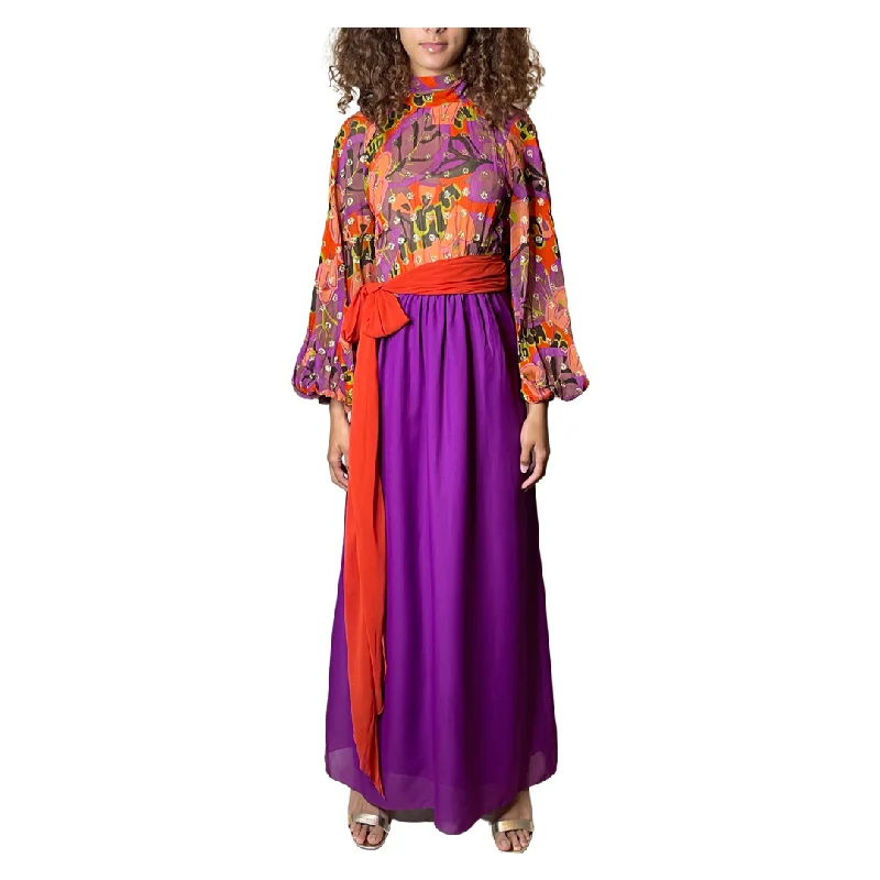 Weekend Deal Peekaboo Hire - Original Vintage 1970's Multi Coloured High Neck Maxi Dress UK 8 - 10