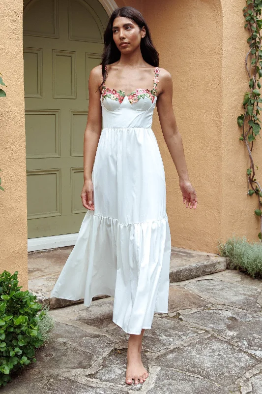 Amazing Deals Rose Garden Floral Applique A-Line Midi Dress White