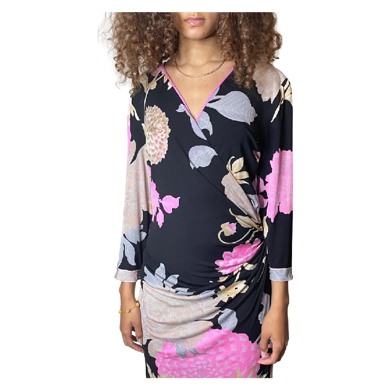 Shop and Save Peekaboo Hire - 1980's Original Vintage Black Leonard Floral Silk Dress UK 10 - 12