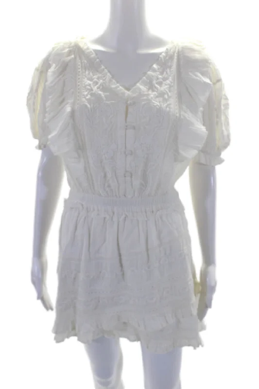 Weekend Deal Love Shack Fancy Womens Cotton Striped V-Neck Short Sleeve Dress White