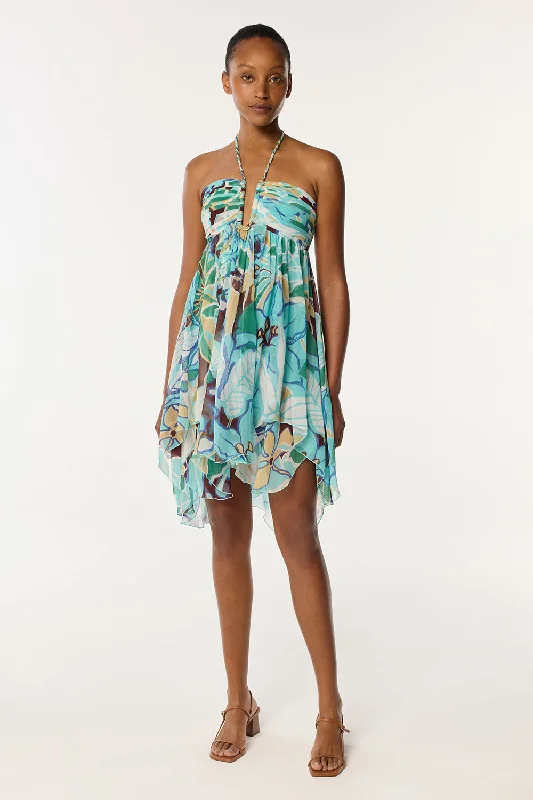 Price Reduction Mini Dress Carla - Aqua Macro Lilium