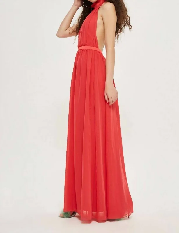 Act Fast Ruched Halter Backless Chiffon Prom Dress In Red