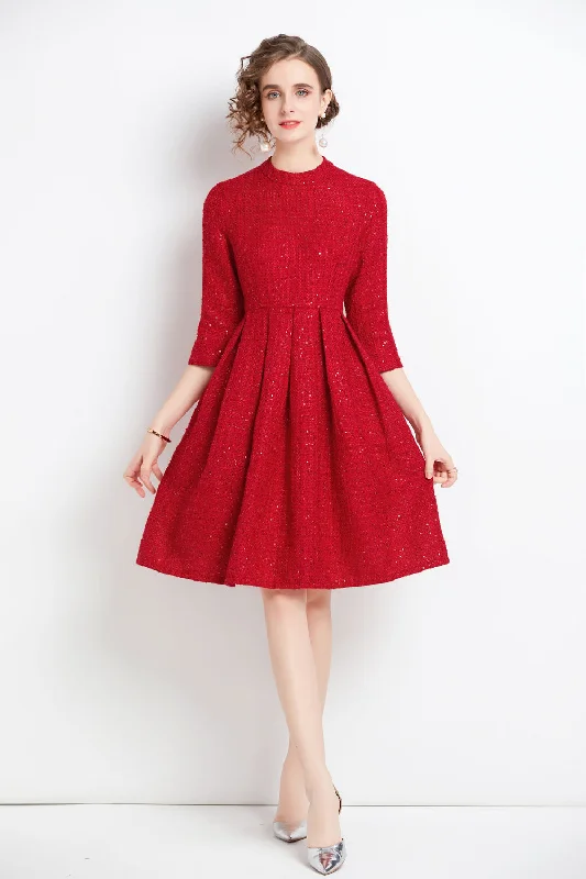Deal Dash Red Office Classic A-line Crewneck Elbow Sleeve Knee Dress