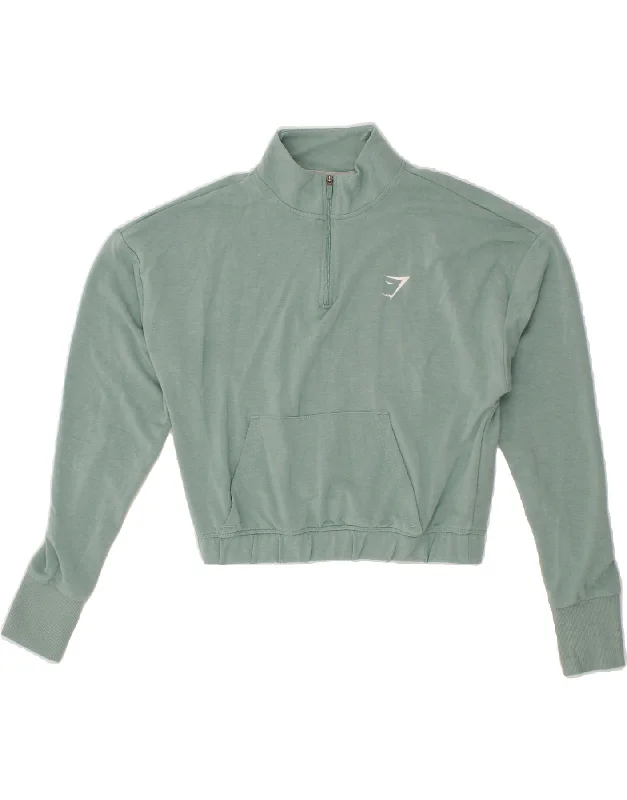 Quick Sale GYMSHARK Womens Crop Zip Neck Sweatshirt Jumper UK 10 Small Green Viscose Quick Sale GYMSHARK Womens Crop Zip Neck Sweatshirt Jumper UK 10 Small Green Viscose