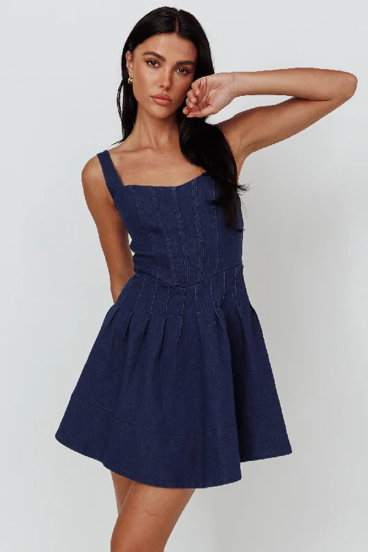 Markdown Madness Talisa Pintuck Pleat Waist Mini Dress Dark Blue