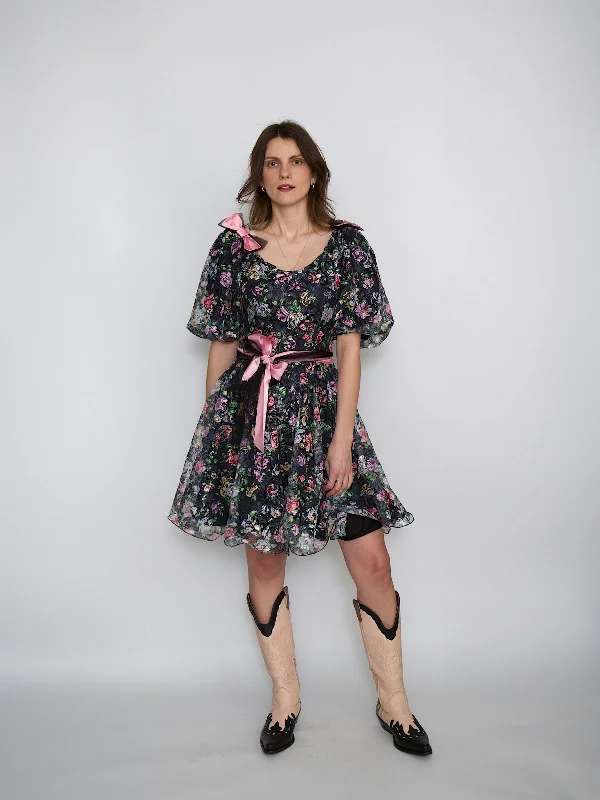 Buy More, Save More Vintage floral lace mini dress with pretty bows and puffy sleeves
